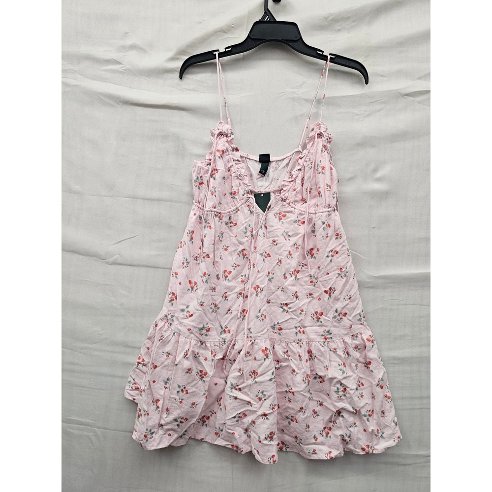 Wild Fable Womens Strawberry Print Mini Dress Pink Linen Blend Casual Size Small